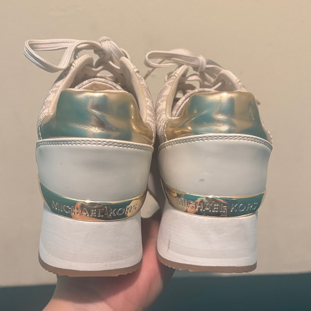Michael Kors Cream and Gold Logo Wedge Sneakers - Picture 6 of 8